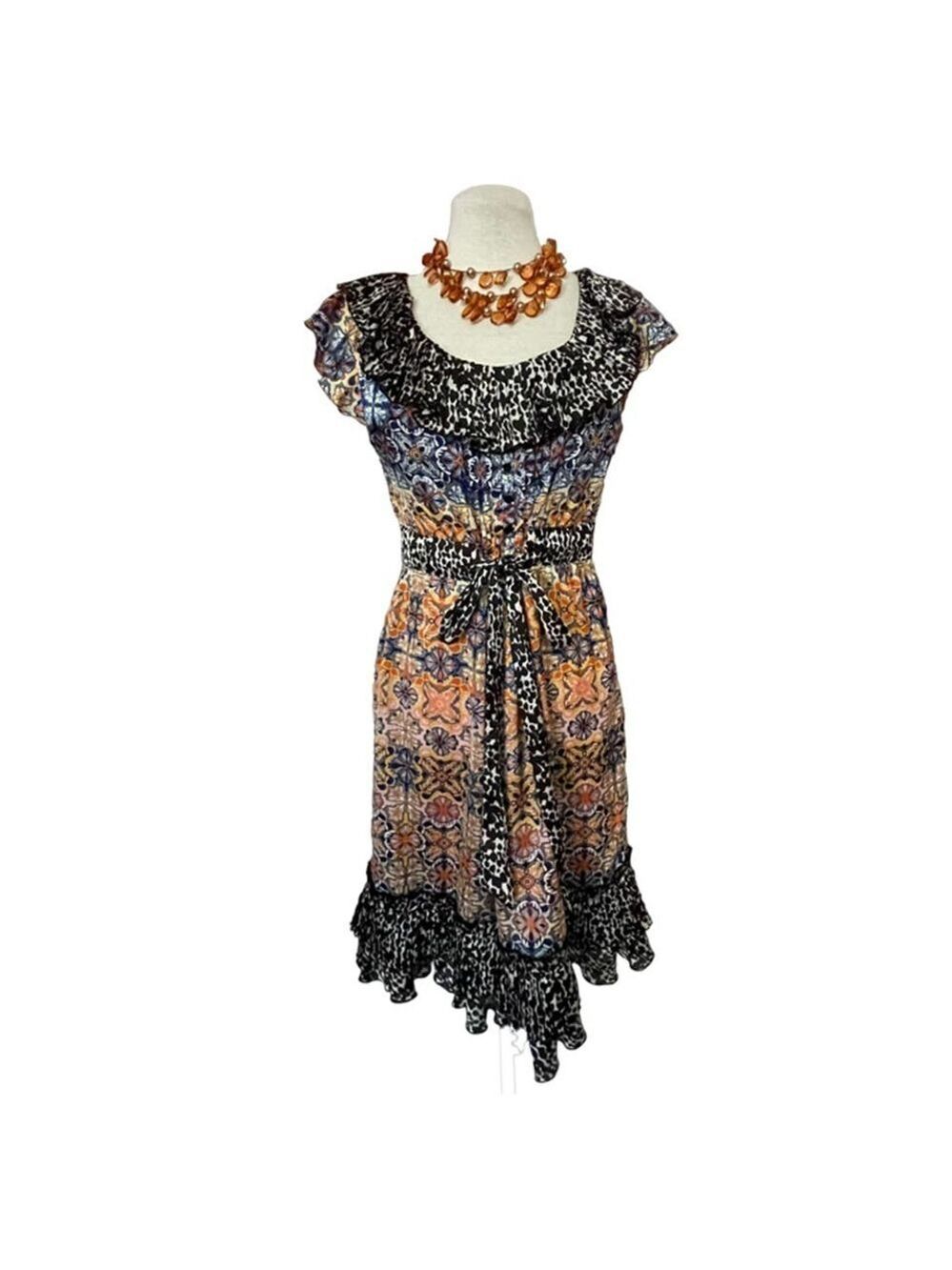 KENSIE Tie Front Ruffle Animal and Floral dress Size M